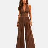 Héluise | Brown Pleated Chiffon Jumpsuit