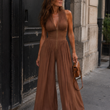 Héluise | Brown Pleated Chiffon Jumpsuit