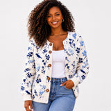 Vynora™ | Floral and Bird Print Knit Cardigan, Button-Front