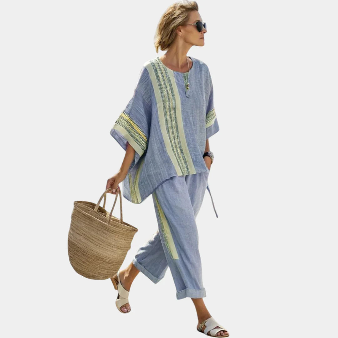 Tess | Elegant Lavender Top and Mustard Striped Pants