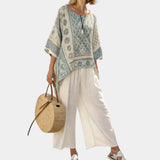 Annalisa | Comfortable Printed Blouse and Wide-Leg White Pants