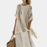 Raffaella | Elegant ivory linen blouse and black striped pants