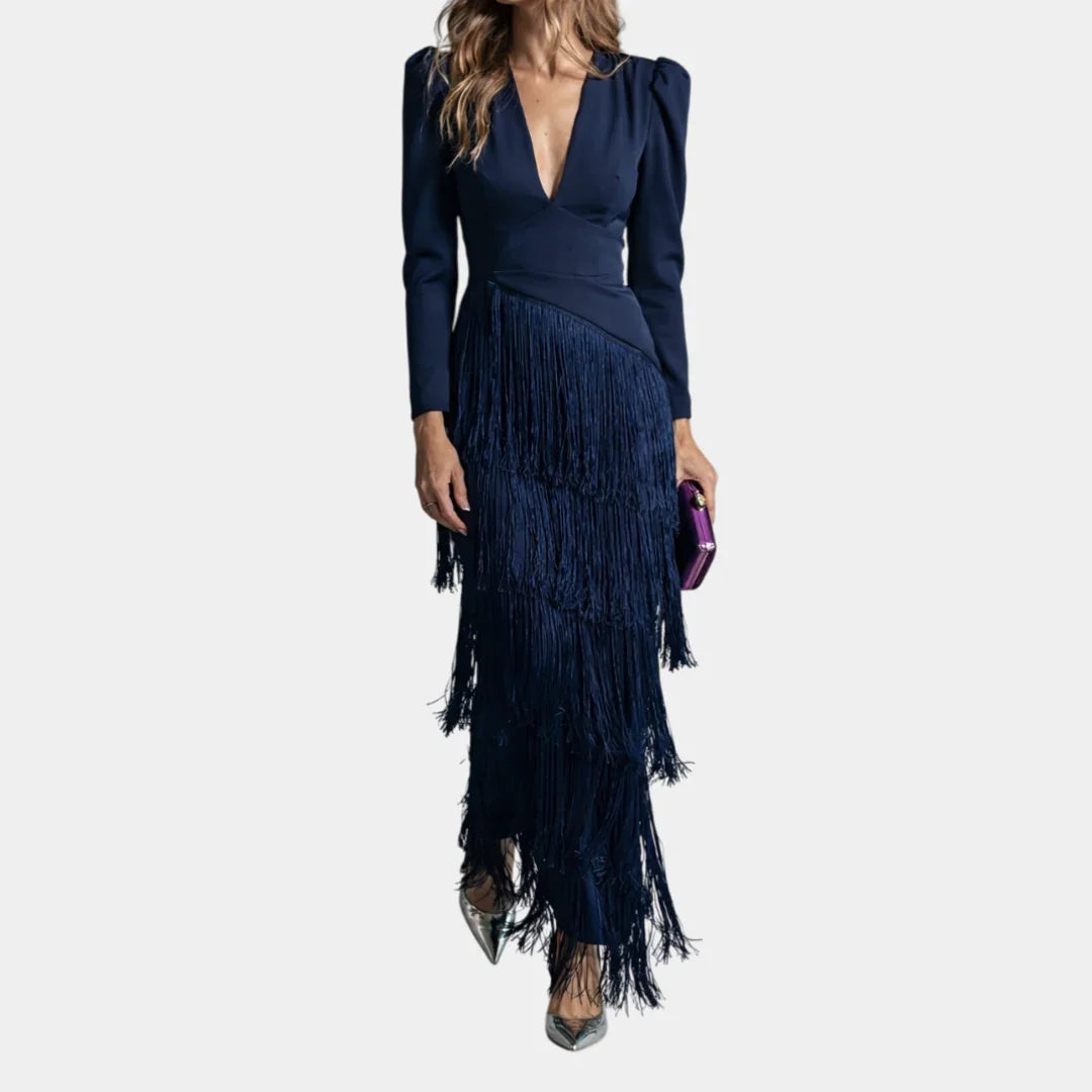 Eulalie | Elegant Midi Dress with Fringe Sleeves
