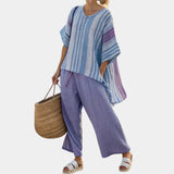 Carlotta | Elegant lavender and sky blue outfit with pants