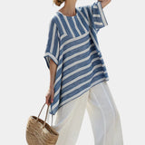 Ornela | Sophisticated blue striped top and pants with details at the bottom
