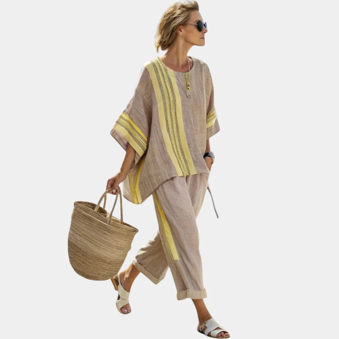 Tess | Elegant Lavender Top and Mustard Striped Pants
