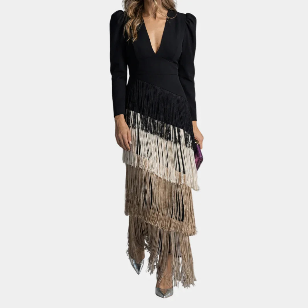 Eulalie | Elegant Midi Dress with Fringe Sleeves