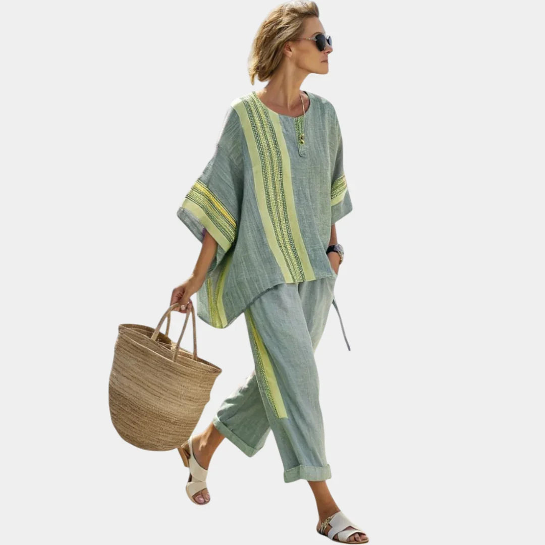 Tess | Elegant Lavender Top and Mustard Striped Pants
