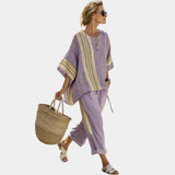 Tess | Elegant Lavender Top and Mustard Striped Pants