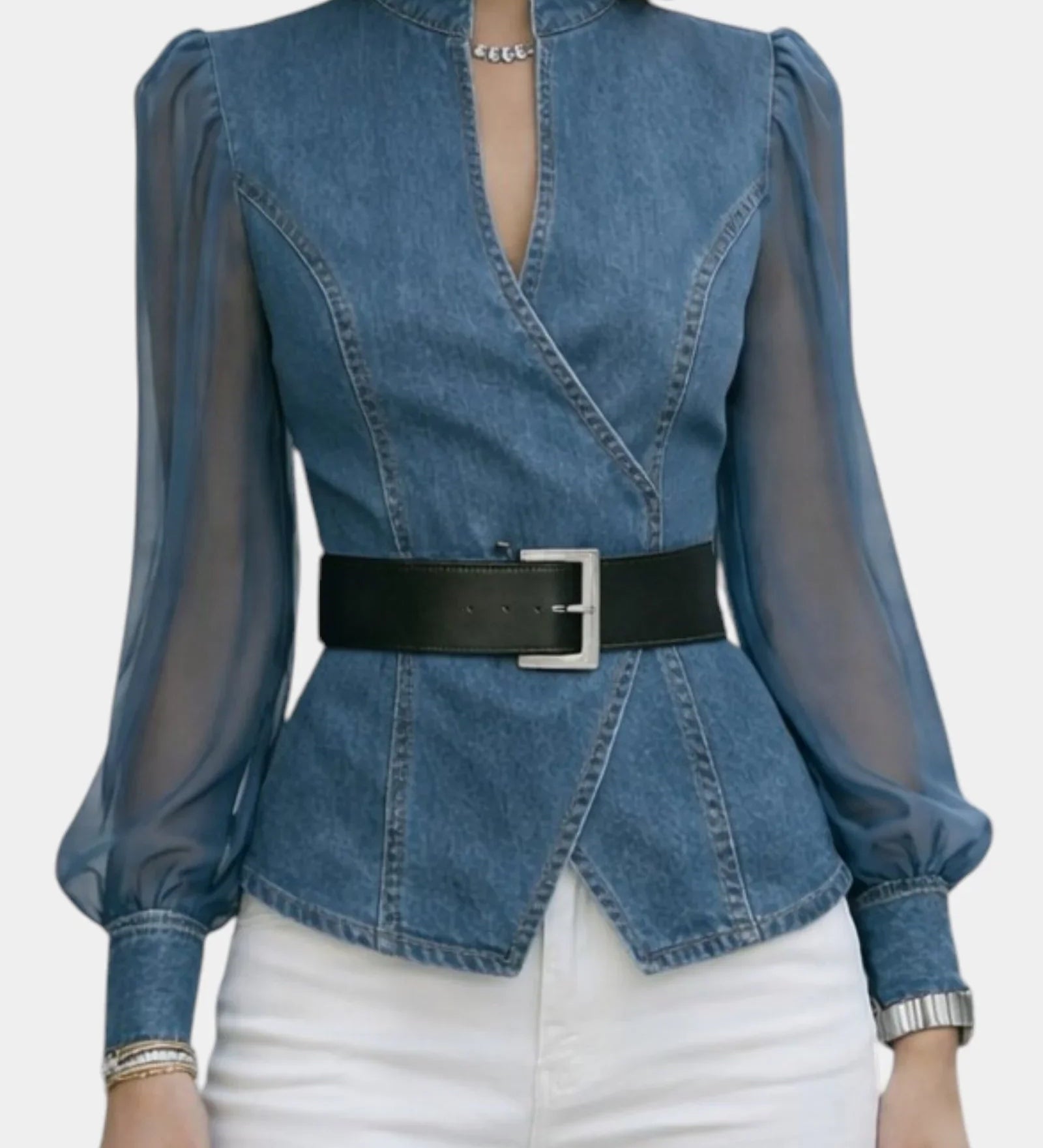 Alizée | Denim top with lightweight chiffon sleeves