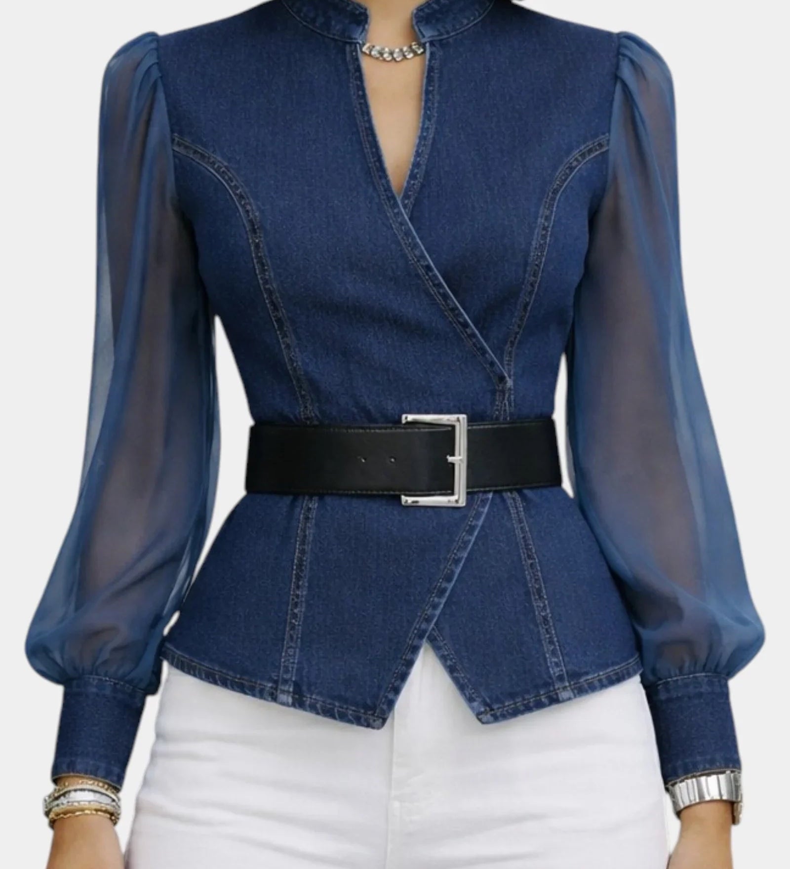 Alizée | Denim top with lightweight chiffon sleeves