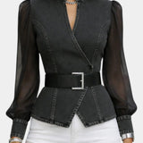Alizée | Denim top with lightweight chiffon sleeves