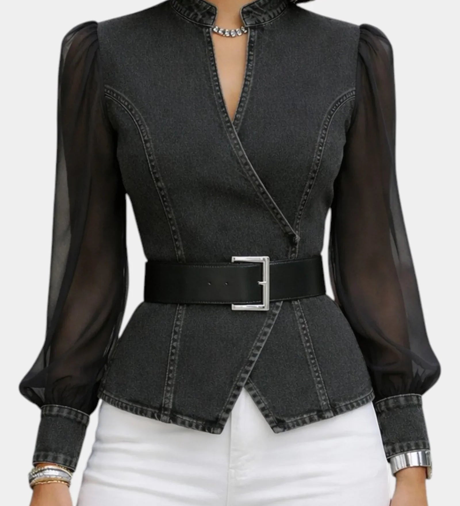 Alizée | Denim top with lightweight chiffon sleeves