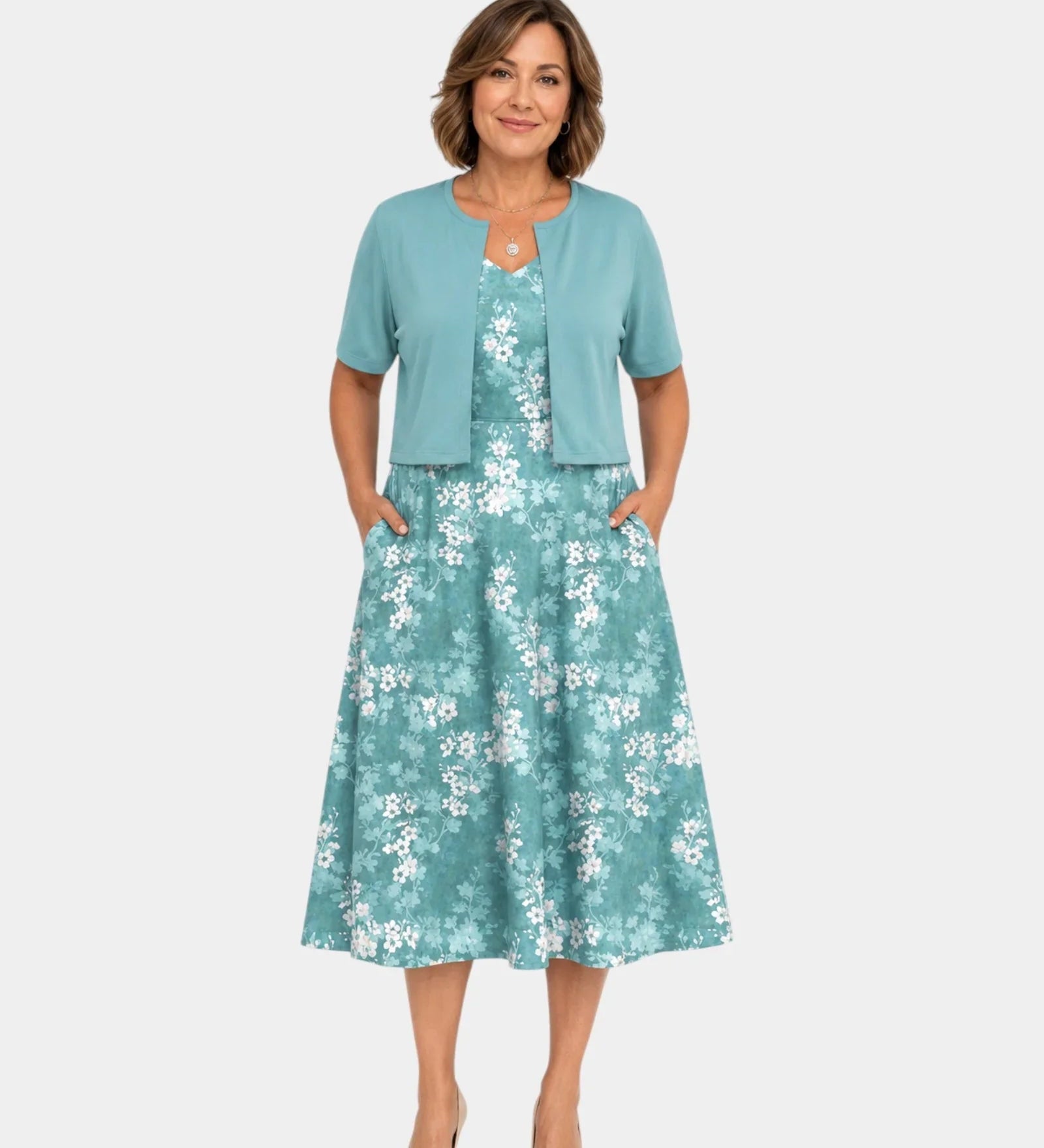Guilaine | Floral Dress and Light Cardigan Set