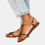 Haby | Golden sandals with buckle and multicolored strap