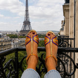 Haby | Golden sandals with buckle and multicolored strap